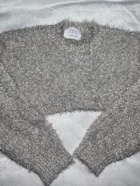 Zara Silver Shimmery Fuzzy Cropped Sweater